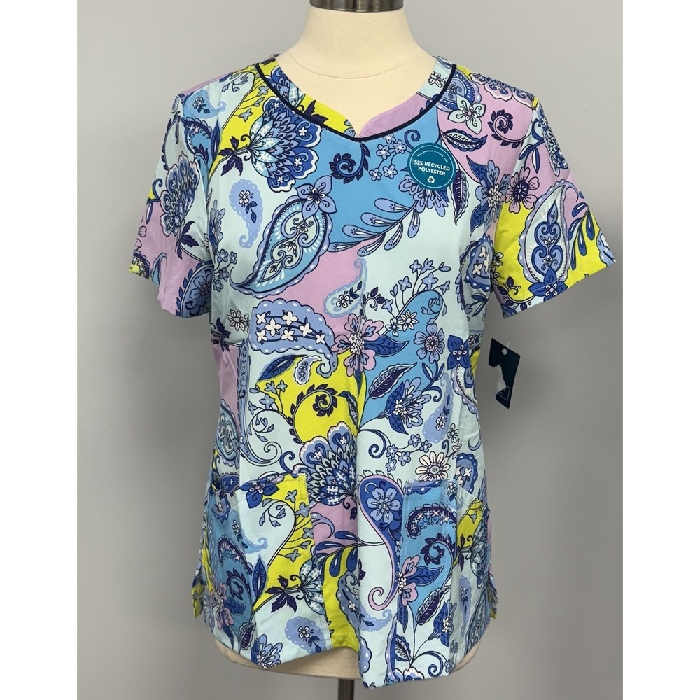 NWT Cherokee Scrub Top L Multicolor Paisley Persian Floral Scrubs Nurse Uniform